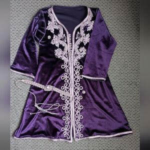 Elegant Purple Embroidered Kaftan Dress with Belt. Purple Velvet. Gold Detail.